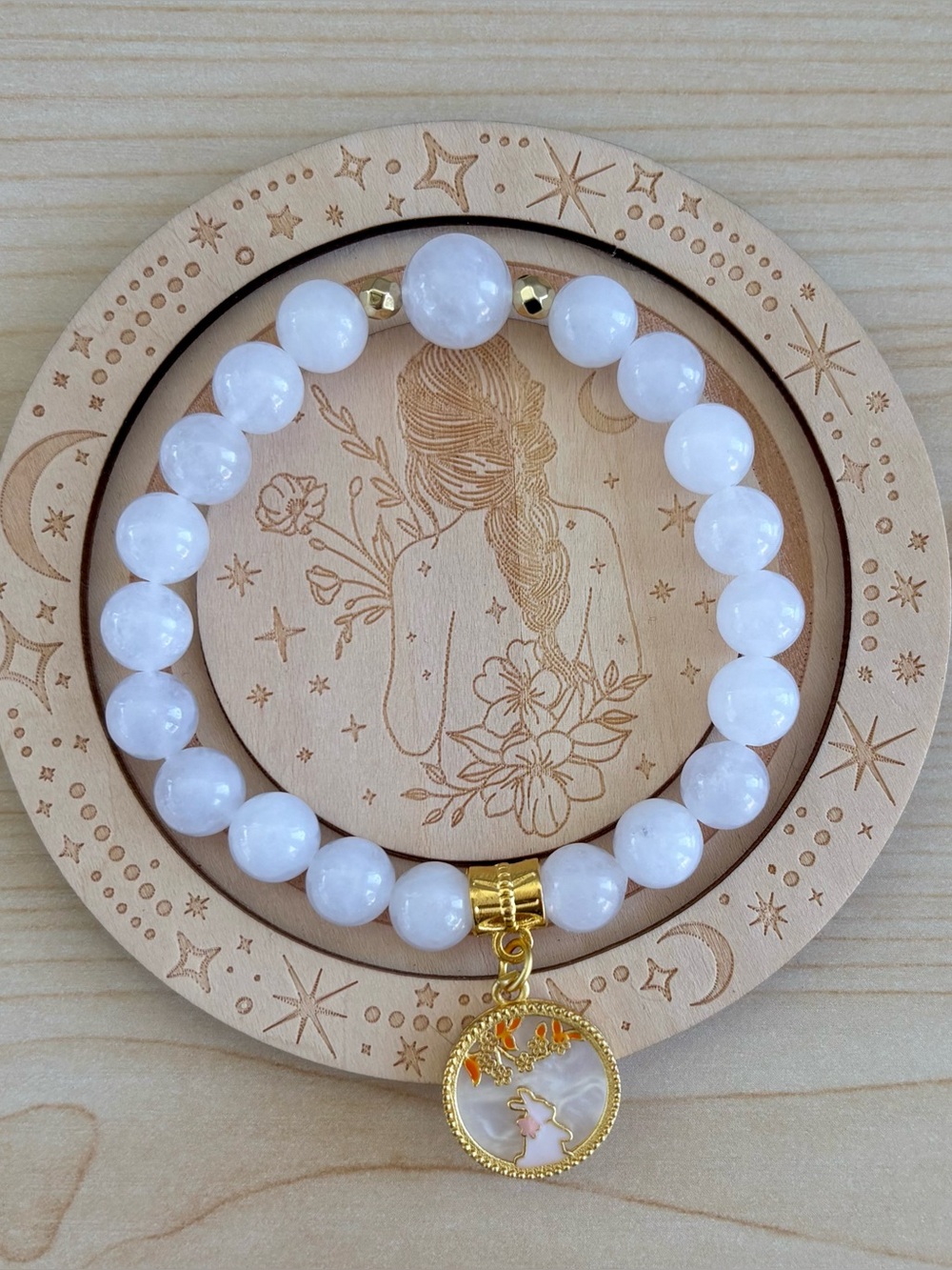 White Jade Beaded Bracelet with Golden Hematite & Bunny Rabbit Charm